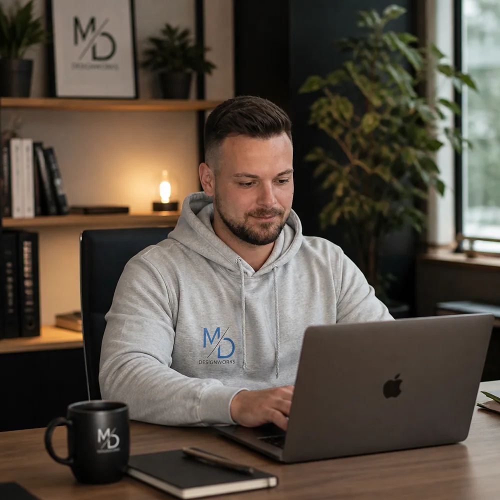 Michell Miklos, Gründer von MD-Designworks, am Schreibtisch bei der Arbeit