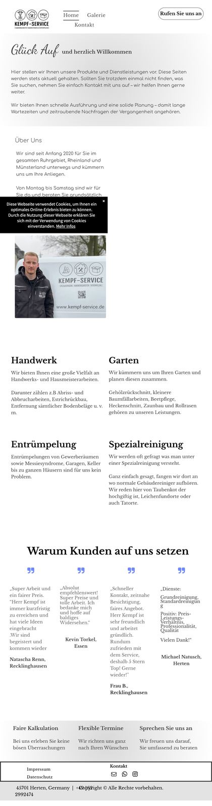 Die alte Website von Kempf-Service auf einem Smartphone: kleine Schrift, der Cookie-Hinweis verdeckt einen Teil des Inhalts