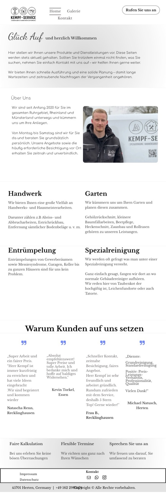 Die alte Website von Kempf-Service auf einem Tablet: dieselben langen Textabsätze, auf die schmalere Breite gestaucht