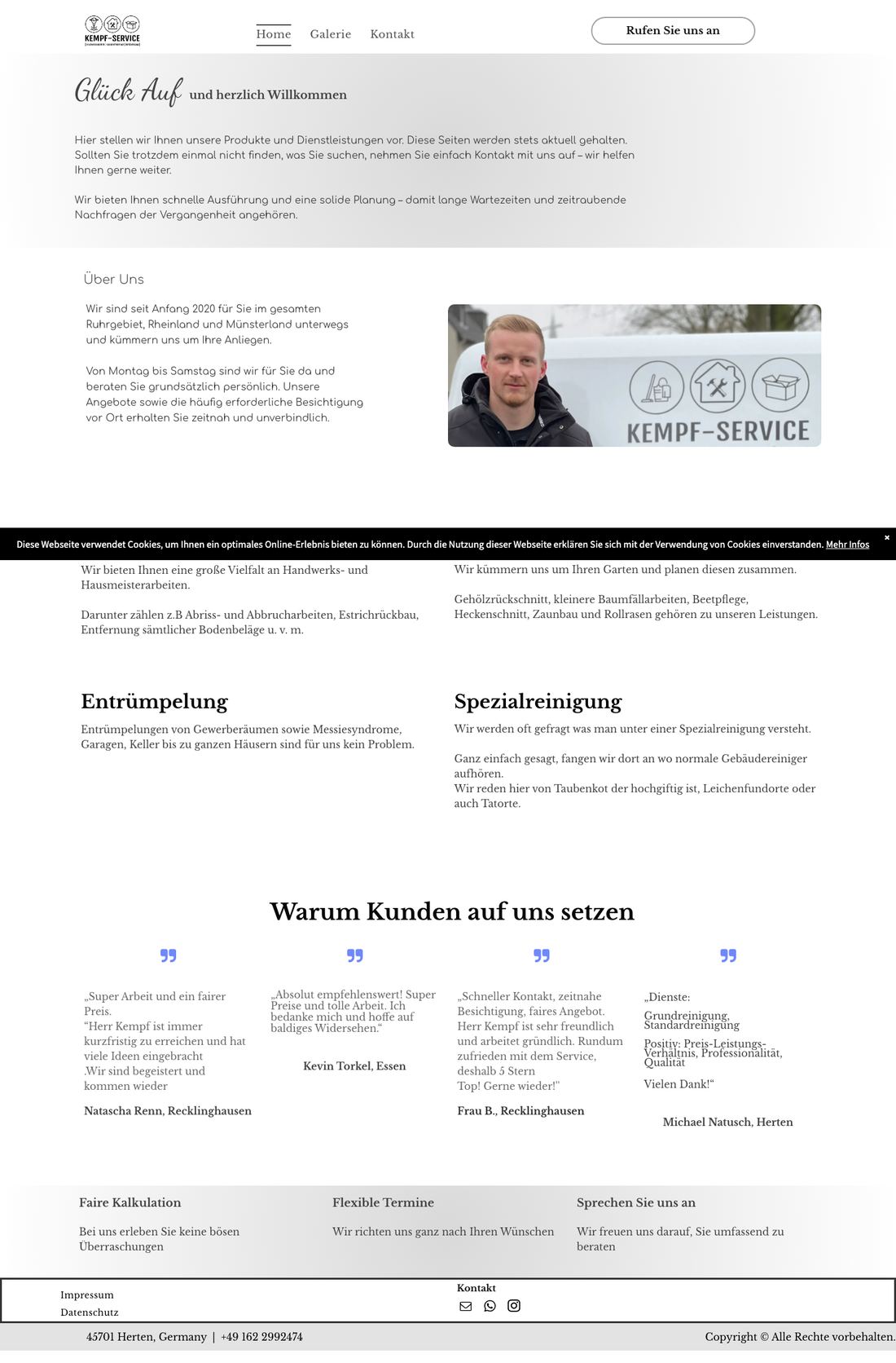 Die alte Website von Kempf-Service in voller Länge: Serifenschrift auf grauem Verlauf, lange Textabsätze ohne Gliederung, ein Cookie-Hinweis quer über dem Inhalt