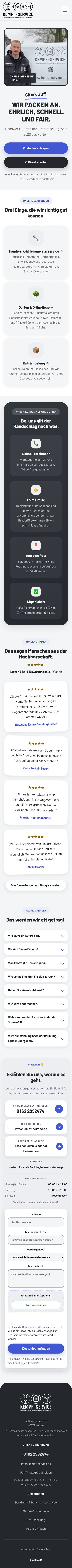 Die neue Website von Kempf-Service auf einem Smartphone: große Schrift, Anruf- und WhatsApp-Knopf direkt unter der Überschrift
