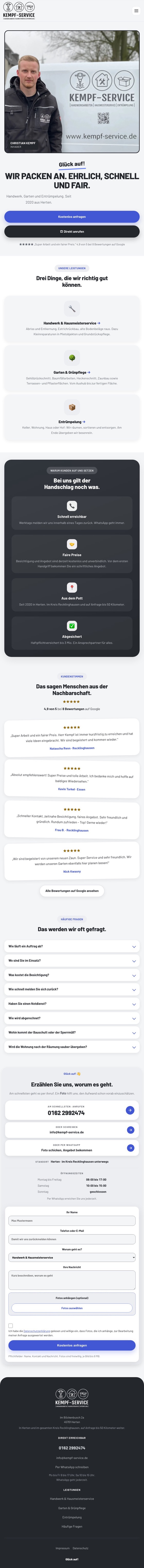 Die neue Website von Kempf-Service auf einem Tablet: die Leistungsbereiche liegen untereinander, Kontaktwege bleiben oben sichtbar