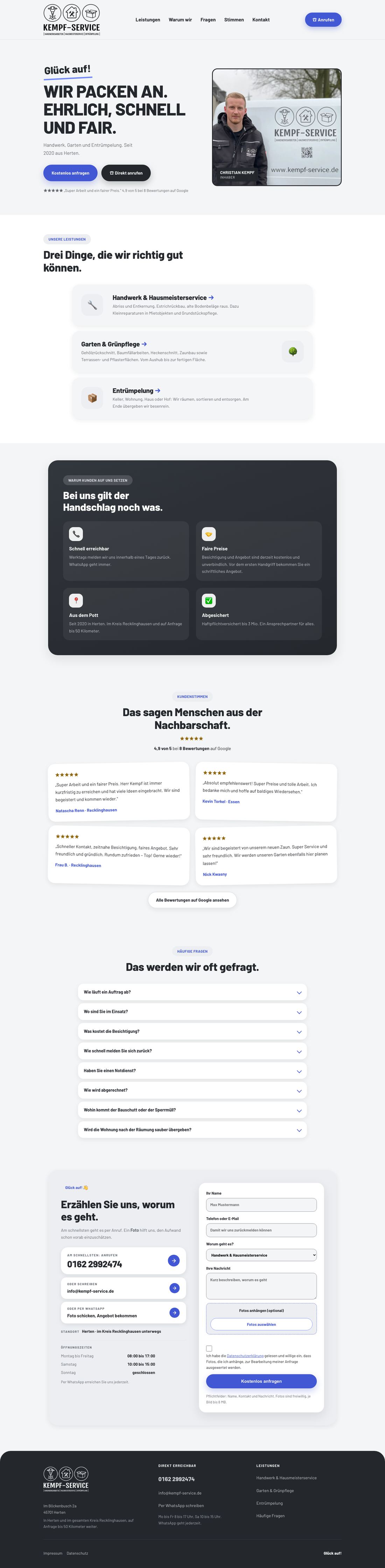 Die neue Website von Kempf-Service in voller Länge: klare Überschrift, Foto des Inhabers, getrennte Leistungsbereiche, Bewertungen und Kontaktformular